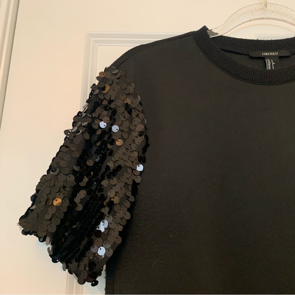Black Forever 21 Short Sleeve Top with Sequin Sleeves